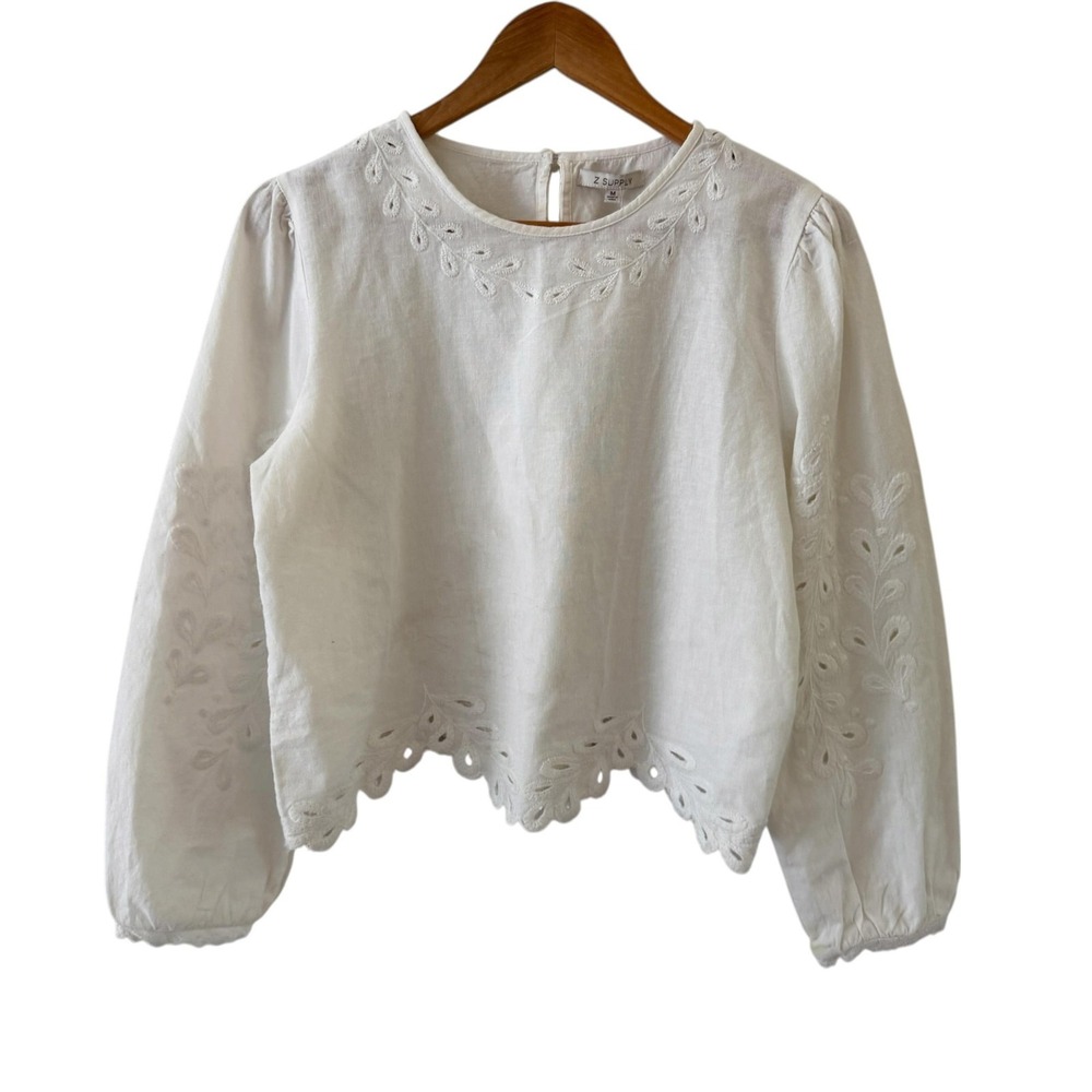 Evereve Z Supply Emilia Embroidered Eyelet Top Womens M White Linen NWT